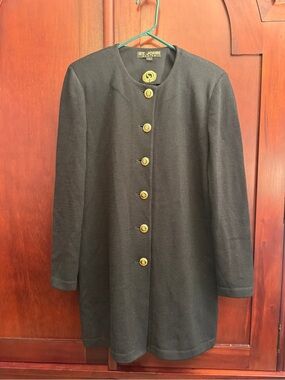 Vtg St John Basics Black Santana Knit Longline Jkt Blazer Coat Sz L Gold Crest